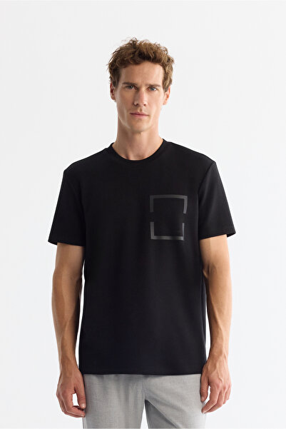 Avva Erkek Siyah Bisiklet Yaka Baskılı Elastan Regular Fit T-Shirt A42Y1020