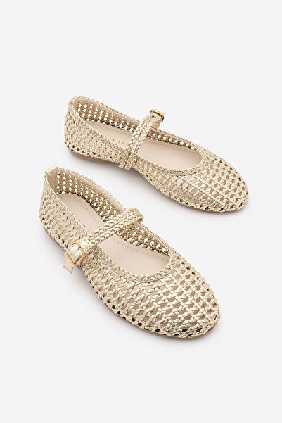 Marjin Women's Round Toe Hand Knitted Mary Jane Strappy Ballerinas Danela Gold
