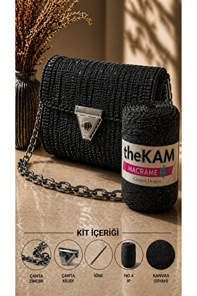 thekam Belek - Simli Siyah Çanta Örgü Kiti 45x21 (ÇANTA ZİNCİRİ, KANVAS, SİML...