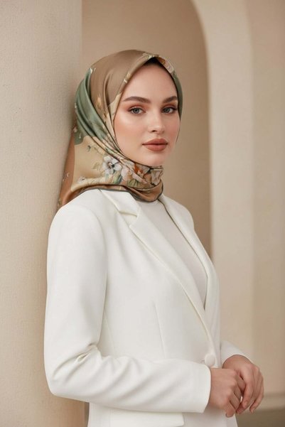 Vissona %100 Twill İpek Geometrik Ve Çiçek Desenli Haki Renkli 90x90 Eşarp Di...