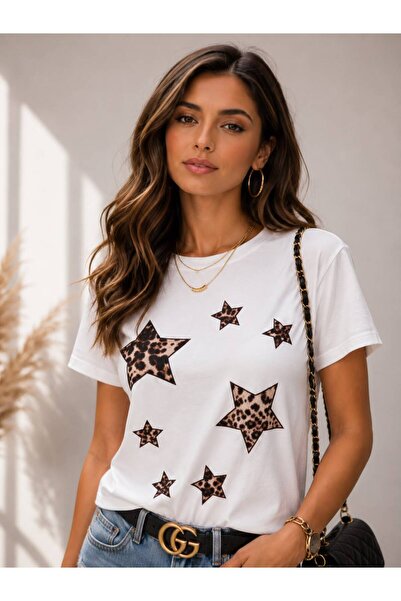 OYERGA MODA Kadın Pamuklu Yıldız Detay T-shirt