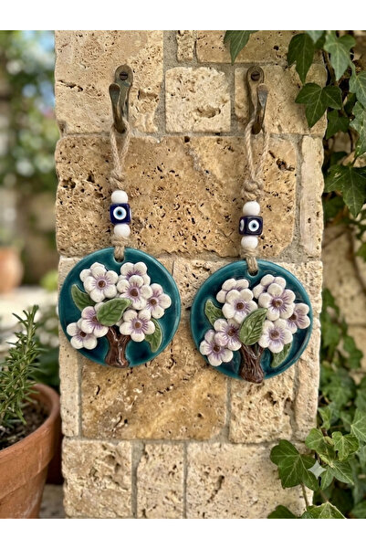 Ahşap Evi 2Li El Yapımı 10 cm Seramik Çiçek Ağacı Duvar Süsü-Dekoratif Hediyelik