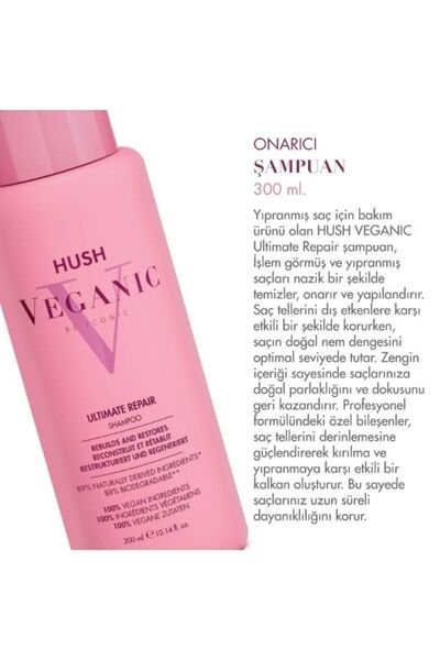 HUSH Veganic Ultimate Repair Yıpranmış Saçlar İçin Onarıcı Şampuan 300 ml
