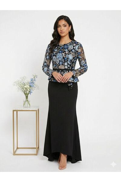 sea gulf Floral Embroidered Long Sleeves Gown Evening Gown