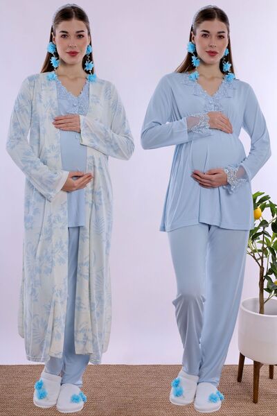ByLohusa Effortt Mavi Sabahlıklı Hamile Lohusa Pijama Takımı