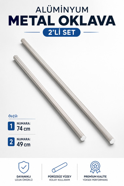 NZB Alüminyum Metal Oklava 2'li Set 74-49 cm Börek Hamur Yufka Hamur Açma Sil...