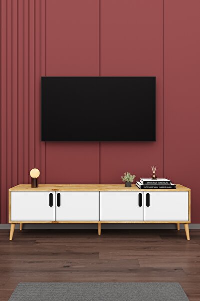 asratrend Modern TV Ünitesi %100 MDF 4 Kapaklı Ahşap Ayaklı Televizyon Sehpas...