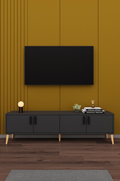 asratrend Modern TV Ünitesi %100 MDF 4 Kapaklı Ahşap Ayaklı Televizyon Sehpas...