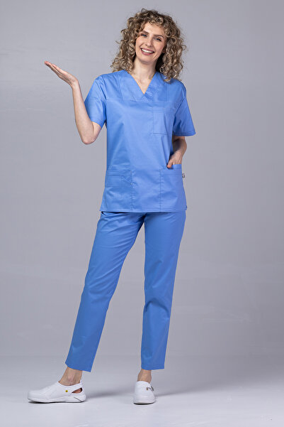 tag Costum medical din bumbac elastic pentru femei, albastru militar, albastr...