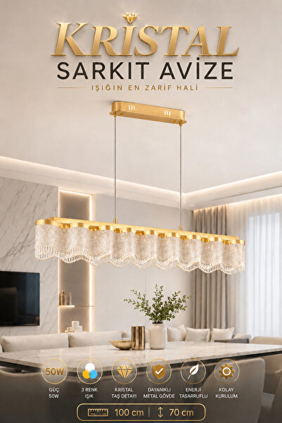 Elvora Home Modern (PREMIUM) Kristal Taşlı Şelale Sarkıt LEDli Avize 3 Renk G...