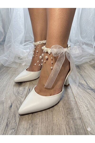 LİNEER Kadın Sedef Kırık Beyaz Rahat 7 Cm Kadeh Topuklu Incili Stiletto Gelin...