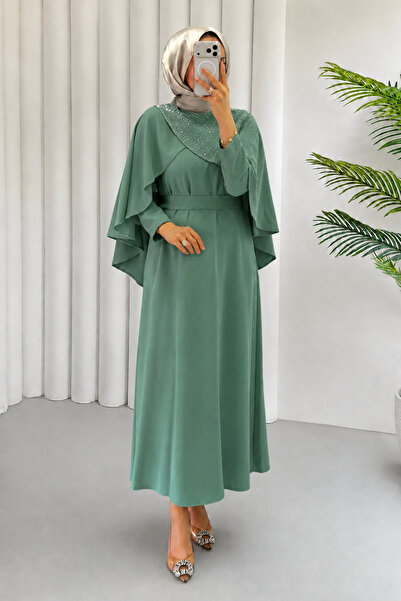 Abiye Diyarı Velisa Stone Detailed Crepe Fabric Hijab Evening Dress - Mint
