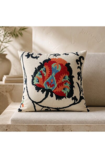 NisanurTerzi Etnik Çiçek Desenli Dekoratif Kırlent Kılıfı Suzani Stil Krem