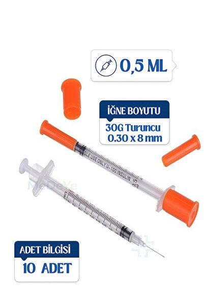 medeye 30G 0.30 x 8 mm Turuncu Kapaklı 0.5 ml Süper İnce Uçlu Steril Set- 10 ...