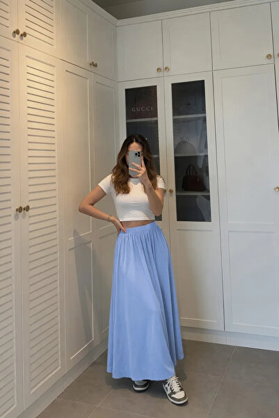 LUXINA GİYİM Kadın Mavi Poplin Kumaş Uzun Etek Beli Lastikli Günlük Maxi Etek...