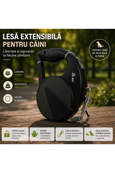 OEM Lesa Extensibila pentru Caini 5 Metri, Retractabila, Rezistenta pana la 20kg, Frana si Blocare Rapida, Maner Ergonomic, Roz-Negru