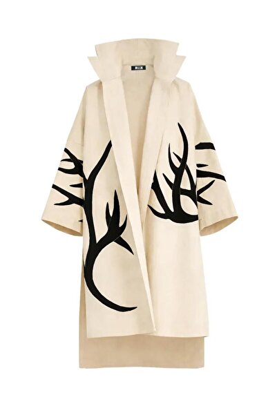 MİİN BEJ EL BOYAMASI GEYİK BOYNUZU DESENLİ MİDİ BOY UNISEX KAFTAN