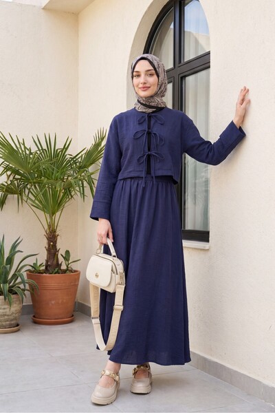 Modamorfo Linen Look Suit with Lace-Up Front and Elastic Waist Skirt - Navy
