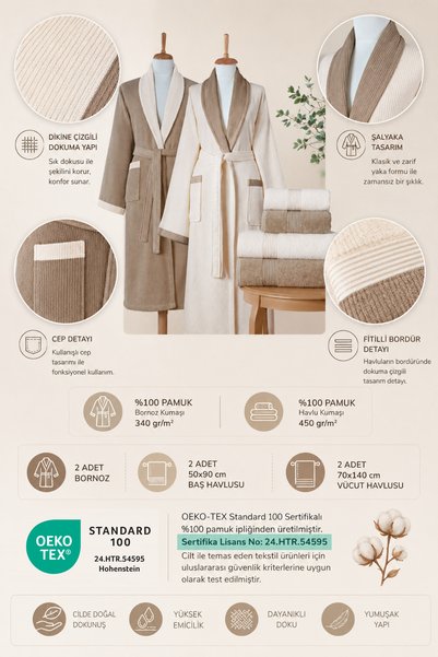 Ellaline Striped Bathrobe Set 100% Cotton Certified 6 Piece Contrast Shawl Family Bathrobe Set |   Dowry Set