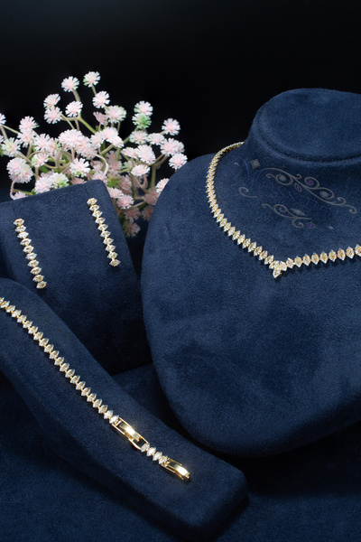 MOSSMOUR Marquise Kesim Zirkon Taşlı Gold V Kolye Bileklik Küpe Düğün Nişan Ö...