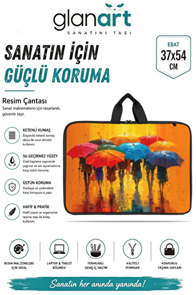 Glanart askılı, fermuarlı 35x50 resim çantası su geçirmez ketenli kumaş 37x54...