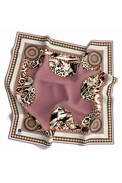 VİOLLA Kristal Zincirli Leopar Desenli Pudra Renkli 90x90 Eşarp (İpek İçermez...