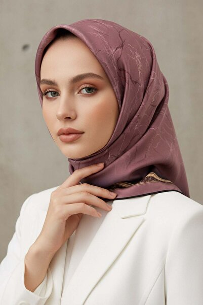 Vissona %100 Twill İpek Mermer Desenli Gül Kurusu Renkli 90x90 Eşarp Dikim Şe...