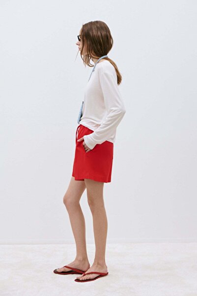 Suud Collection Kırmızı Klara Yıkamalı Poplin Şort