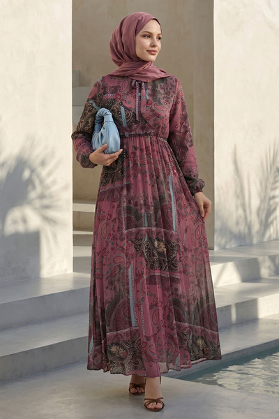 InStyle Viera Şal Desenli Yakası Kuşaklı Gül Kurusu Şifon Elbise