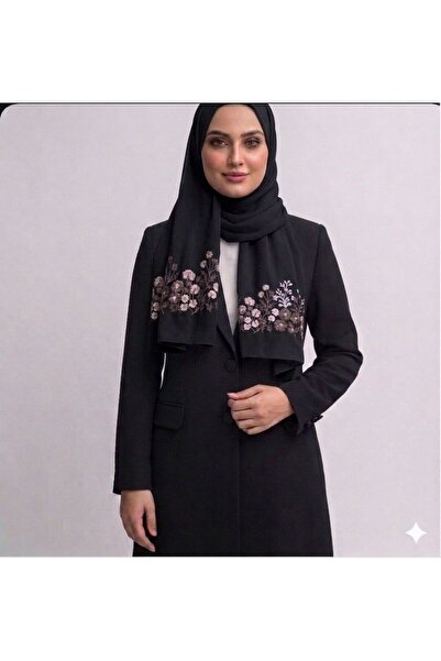 Veil Designer طرحة سودة بوال بقماش ياباني بتطريز ملون ورد و اغصان من الطرفين ...