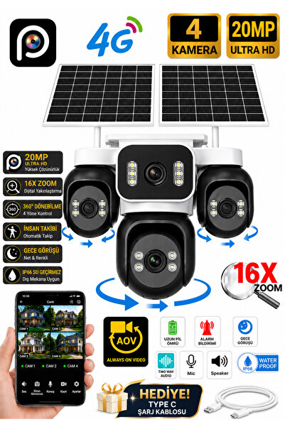 MEYTECH 44GZ 4 Lensli 4G Sim Kartlı Kamera Çift Güneş Panelli AOV Kamera Gece...