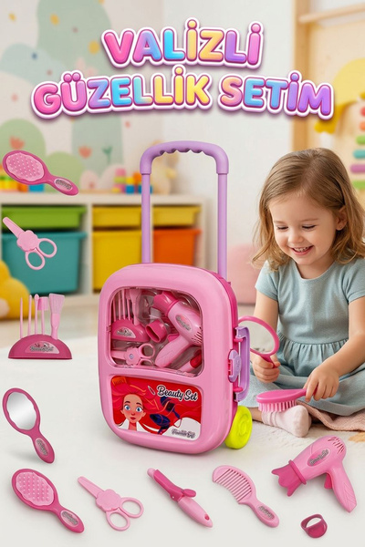 Tıfıl Toys 15 Parça Taşınabilir Tekerlekli Valizli Güzellik Seti Eğlenceli Ku...