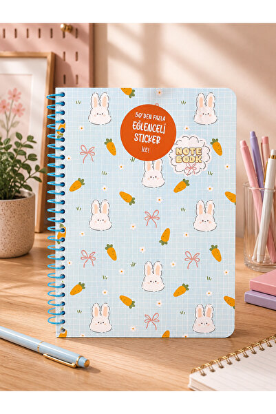ASIAN Kawaii Temalı Sticker Hediyeli Çizgili Spiralli Not Defteri