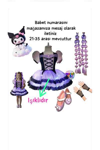 3b kids kuromi ışıklı kostüm elbise kuromi saç kuromi babet kuromi eldiven do...