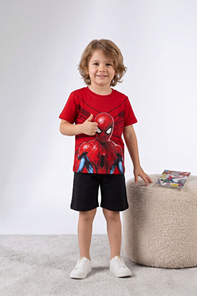 Zekalya Printed Boys' Red Combed Cotton T-Shirt and Shorts Set