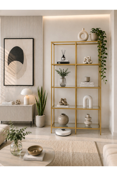 AVİBO HOME Elegra Gold Kitaplık Dekoratif Aksesuar Rafı Şeffaf Cam 100 cm