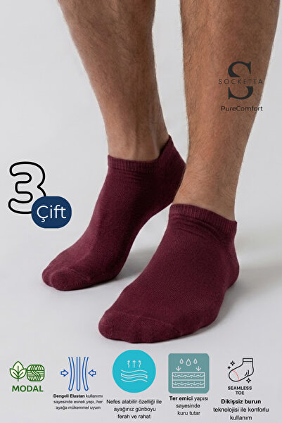 Socketta 3-Piece Burgundy Men's Modal Seamless Flexible Booties Socks - Premium