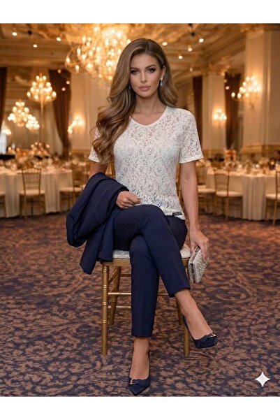 Royteks Fashion Transparan Simli Krem Dantelli Relaksed Kadın Bulüz