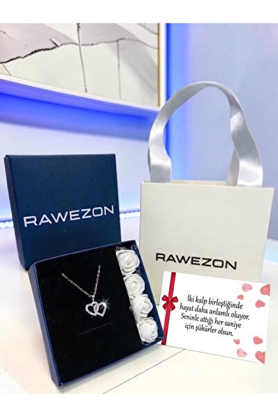 RAWEZON Nerovia Premium Stone Double Heart Steel Necklace Set with White Rose...