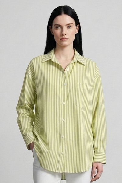 Şiir Harbel Comfortable (Regular) Fit Low Long Sleeve Pocket Detailed Mid-Length Women's Shirt & Blouse - Pistachio-White