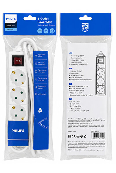 Philips 4’lü Akım Korumalı Uzatma Prizi 2 Metre 16A 3500W Anahtarlı Priz