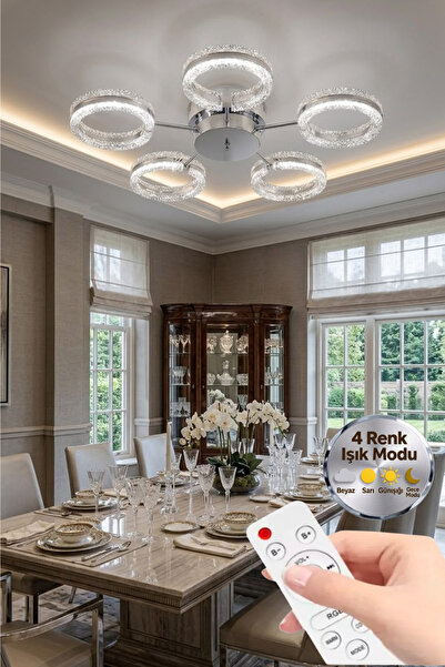Lumia Lighting Aurea Model Gümüş Kumandalı 5"li Ledli 3 Renk Modu Kristal Sal...