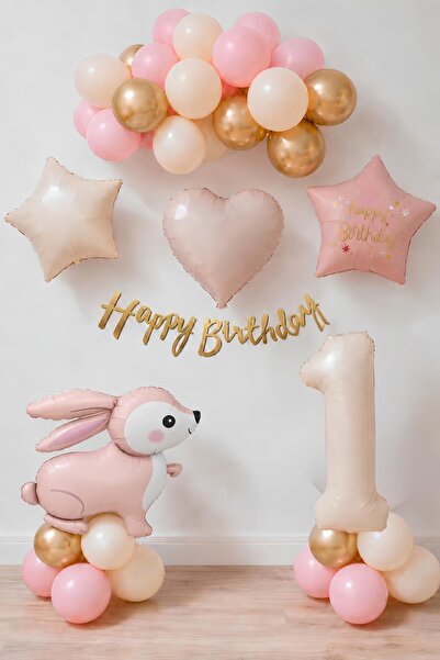Patladı Gitti Pink Rabbit 1 Year Old Birthday Balloon Set