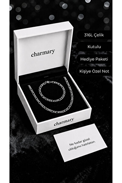 Charmary Erkek Çelik Kolye ve Bileklik Set Kararmaz Paslanmaz Şık İnce Zincir