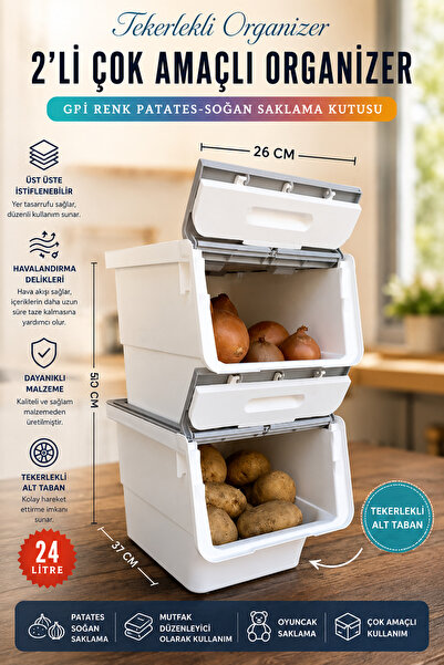 nextbuy 24 LT Organizer Çok Amaçlı Kutu Tekerlekli Patateslik Sebzelik Soğanl...