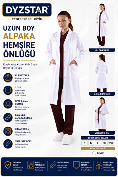 DYZSTAR Uzun Boy Alpaka Hemşire Önlüğü Klasik Yaka Uzun Kollu Çıtçıtlı Beyaz ...