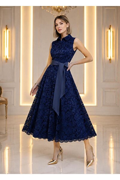 SERAVENZA COUTURE Midi Boy Önü Gizli Patlı Şık Dantel Kaplamalı Elbise COU-40