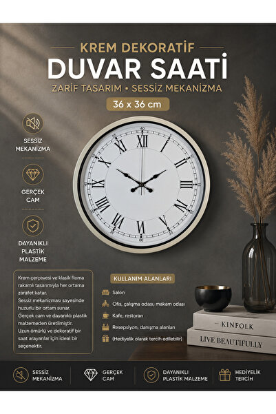 Genel Markalar Modern ve Şık Tasarım 36 cm Krem Dekoratif Duvar Saati, Salon ...