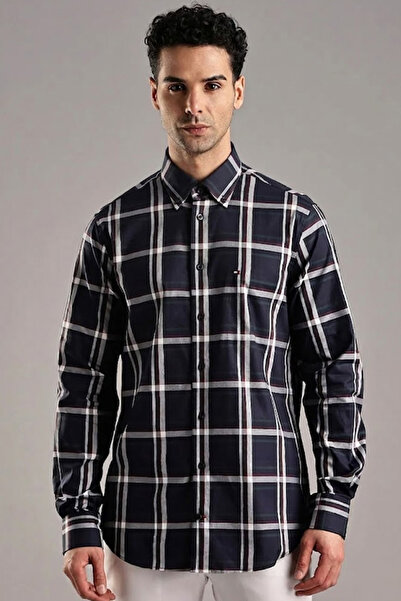 Tommy Hilfiger Mens Navy Checked Regular Fit Cotton Shirt