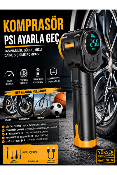 DEANB 150PSI Kablosuz Hava Kompresörü 3600mAh LCD Ekranlı Araç Bisiklet Top Ş...